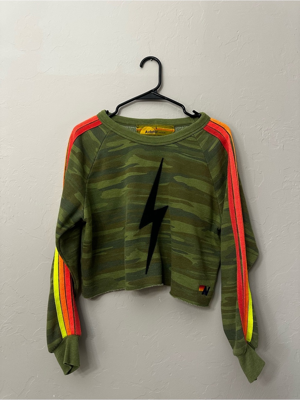 Aviator Nation Olive Camo Lightning Crewneck with Neon Stripe